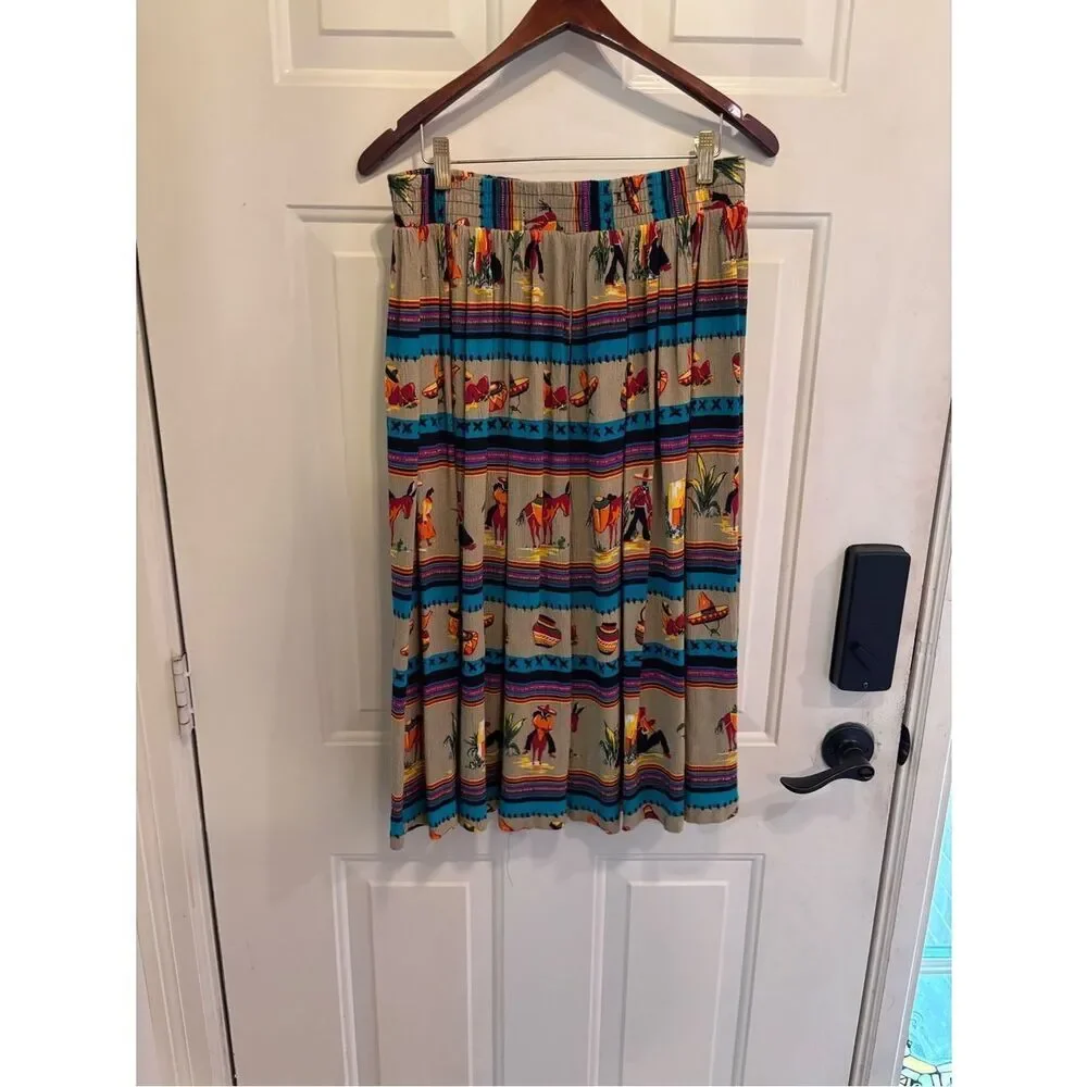 Anthropologie Tan Midi Skirt with Multicolor Southwestern Sombreros and Donkeys